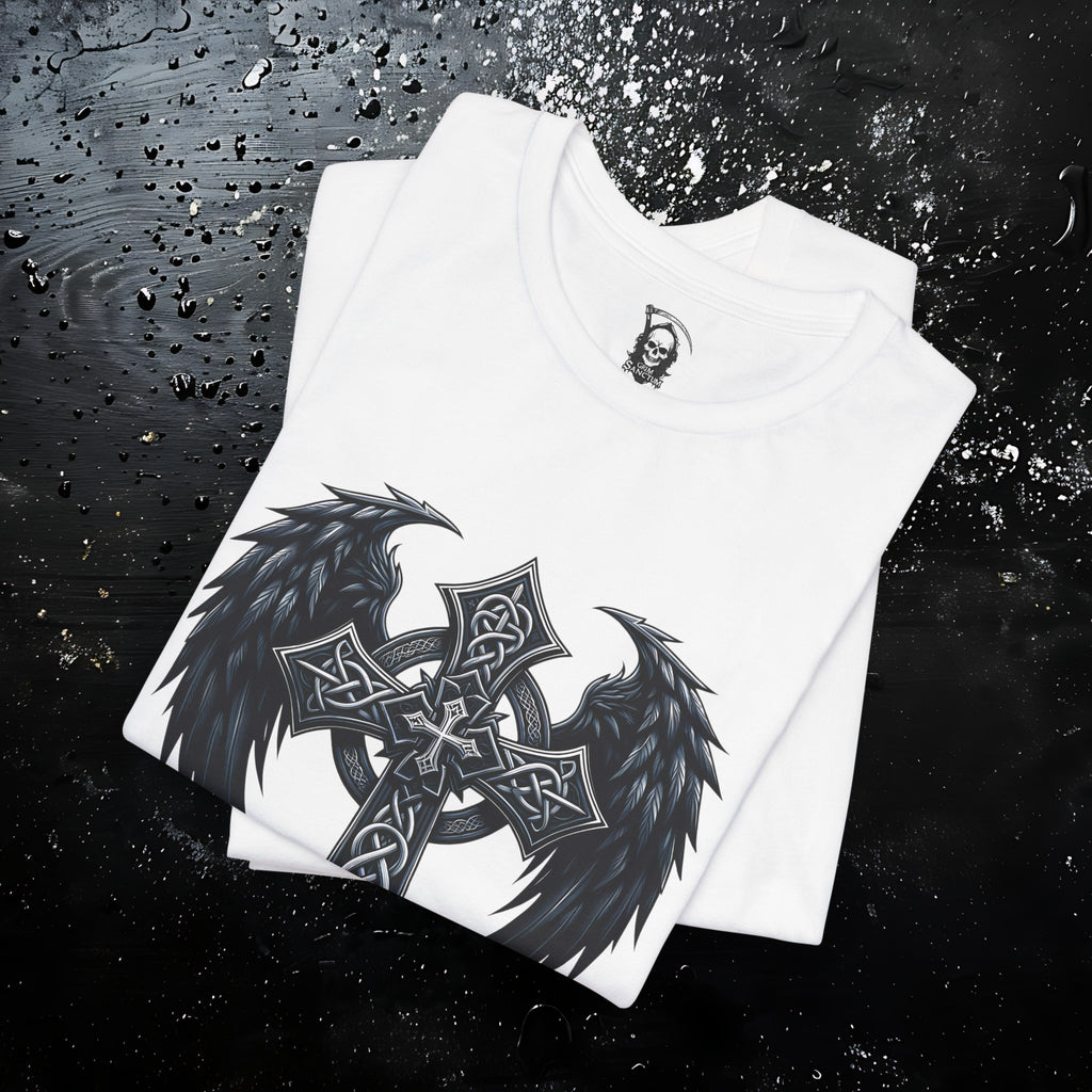 Gothic Celtic Winged Cross Unisex T shirt - Dark Elegance and Spiritual Mystique