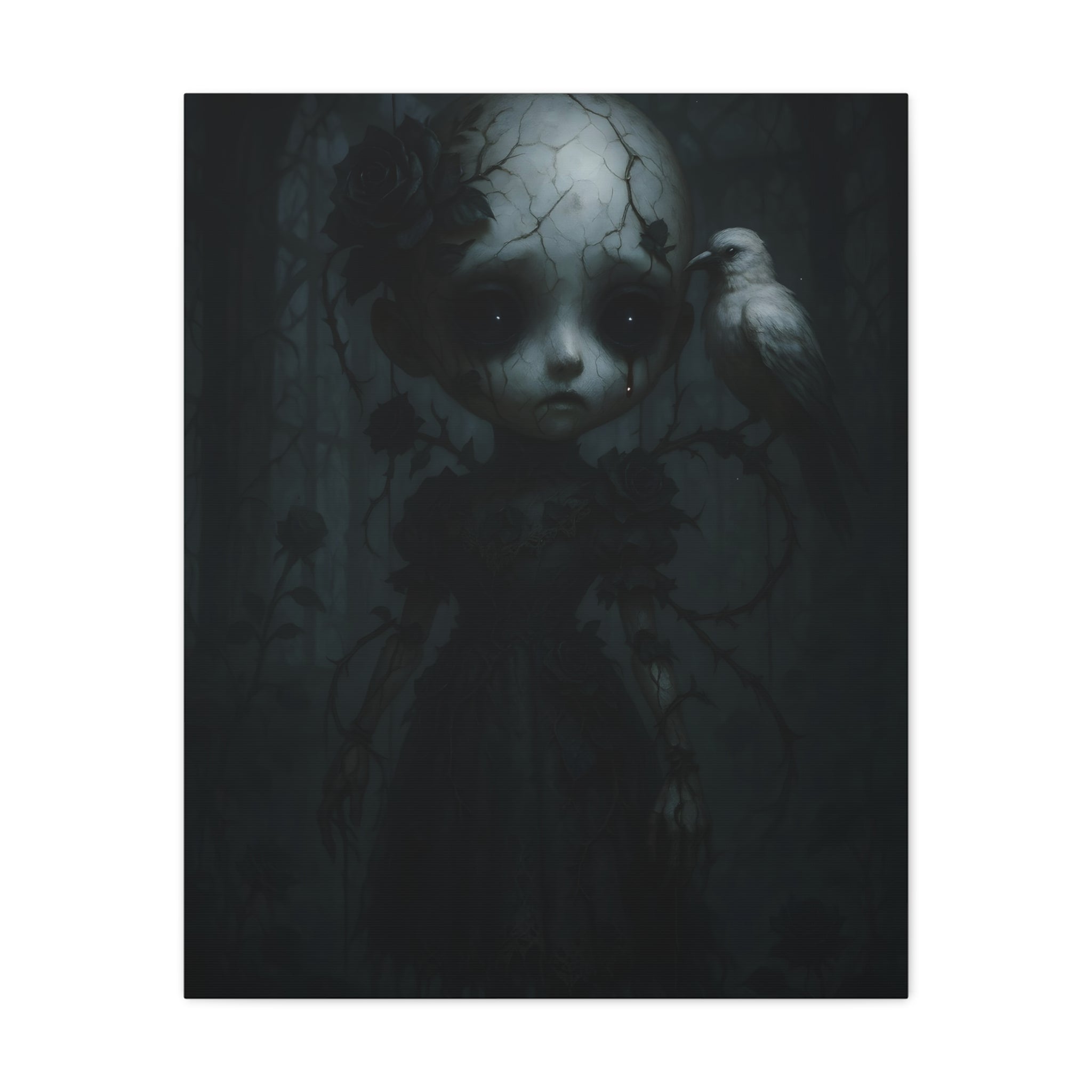 Gothic Cracked Doll Canvas Art with Raven – Dark Victorian Surreal Wall Decor | Haunted Gothic Home Accent