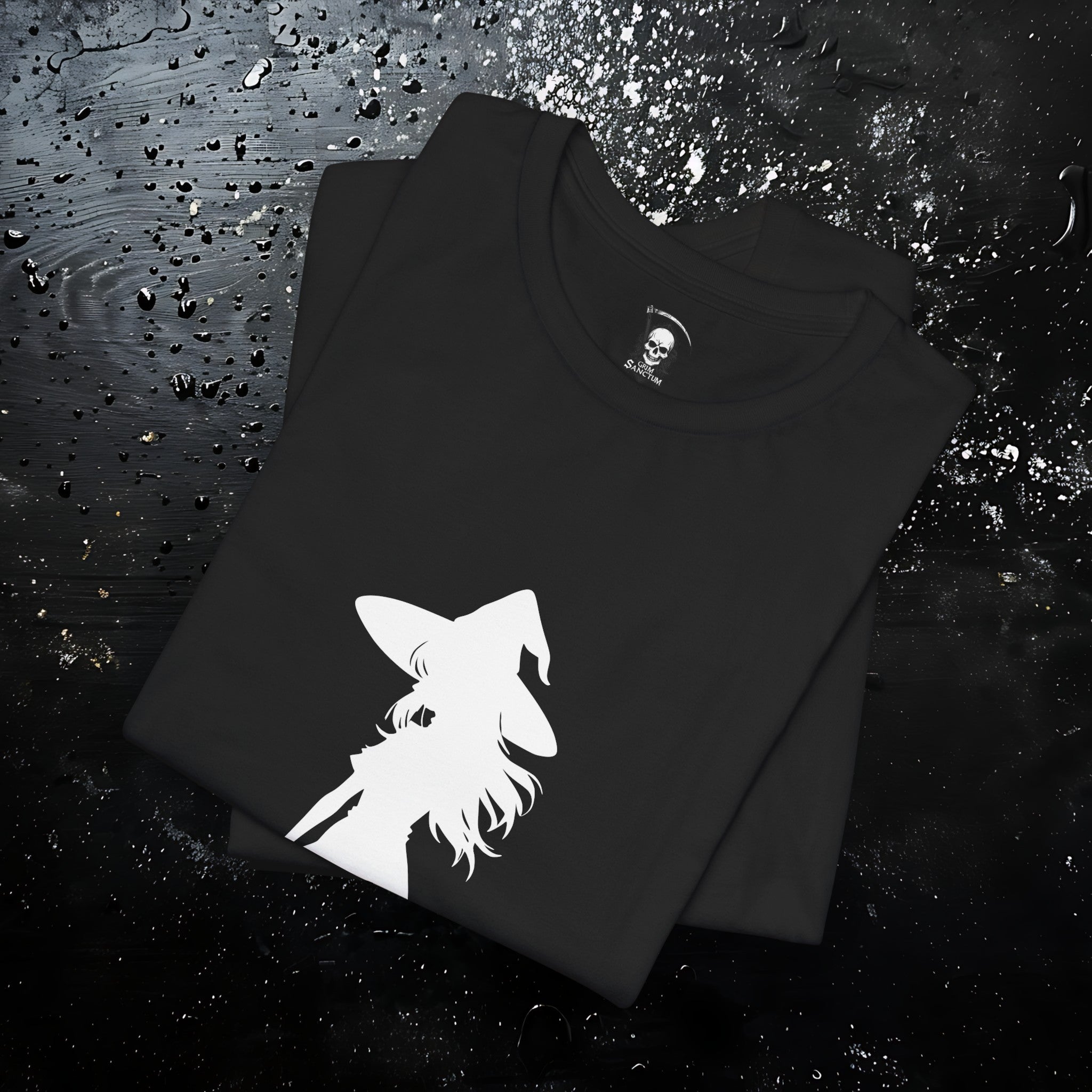 Wicked Witch Silhouette T-Shirt - Enchanting Gothic Style with Spine Print