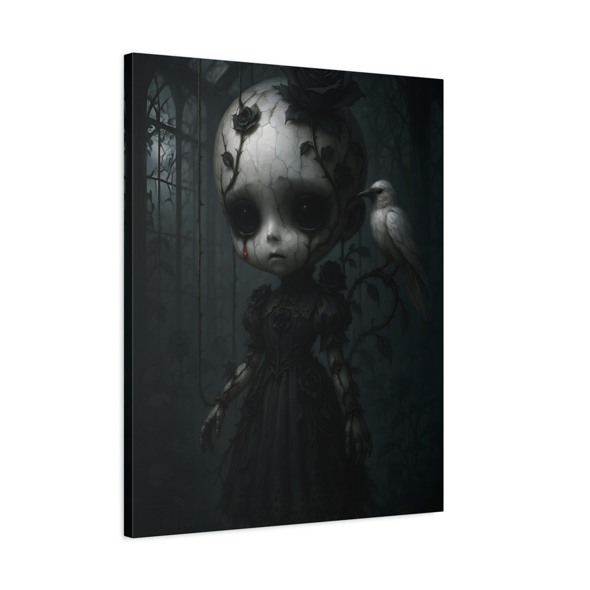 Enchanted Gothic Doll & White Raven Canvas Art – Cracked Porcelain Marionette in Moonlit Greenhouse | Surreal Dark Fantasy Wall Decor