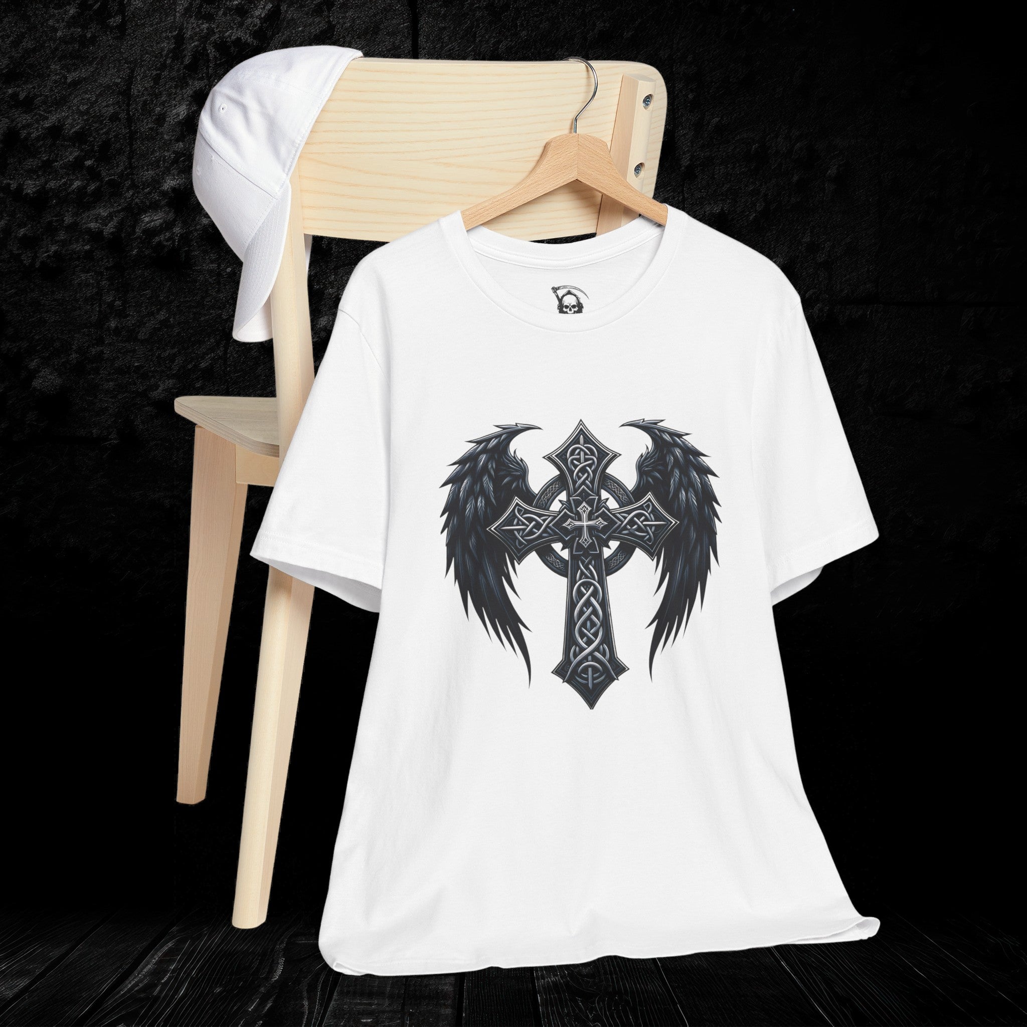 Gothic Celtic Winged Cross Unisex T shirt - Dark Elegance and Spiritual Mystique