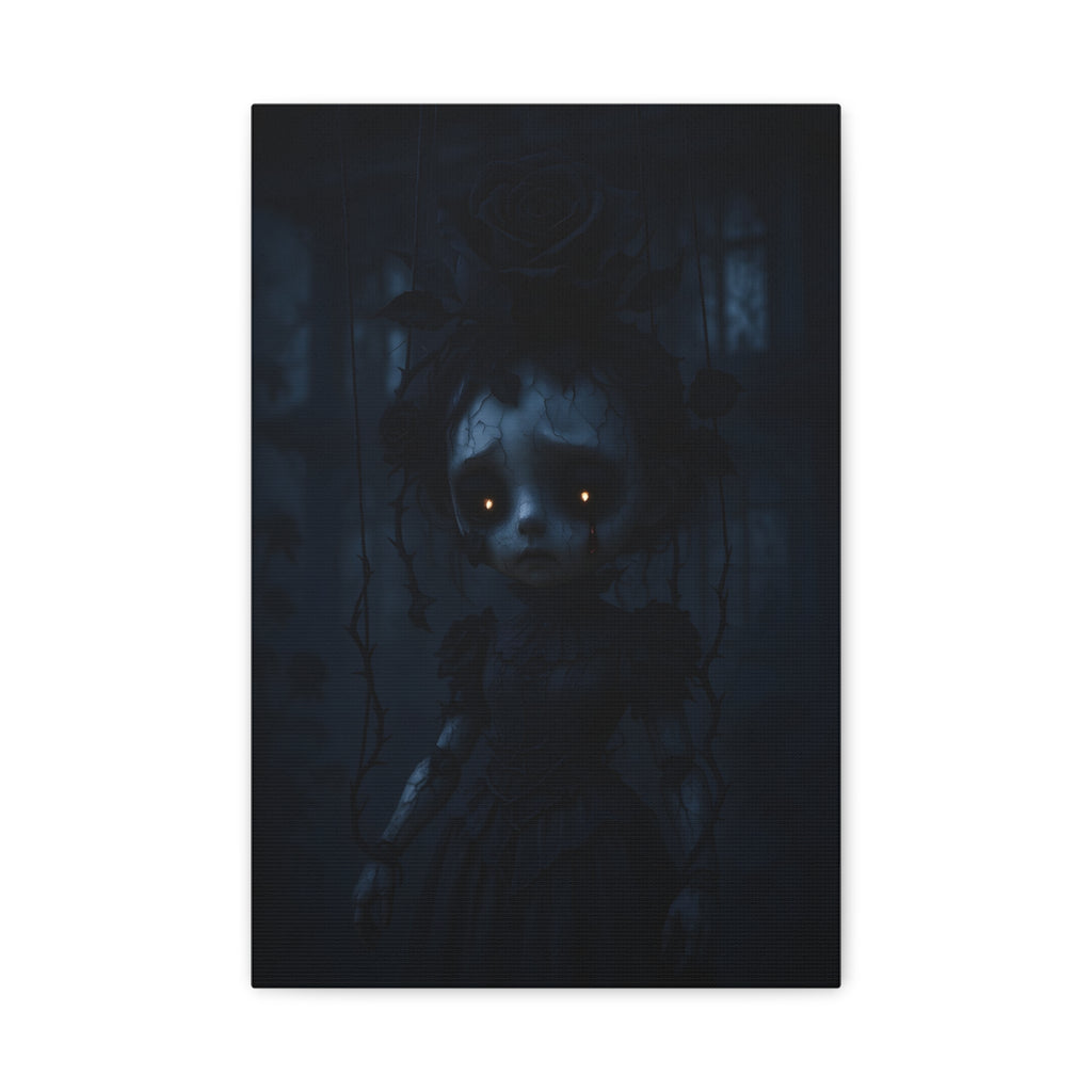 Gothic Dark Rose Marionette Canvas Art – Haunted Victorian Doll Wall Decor | Edgy Surreal Gothic Home Accent