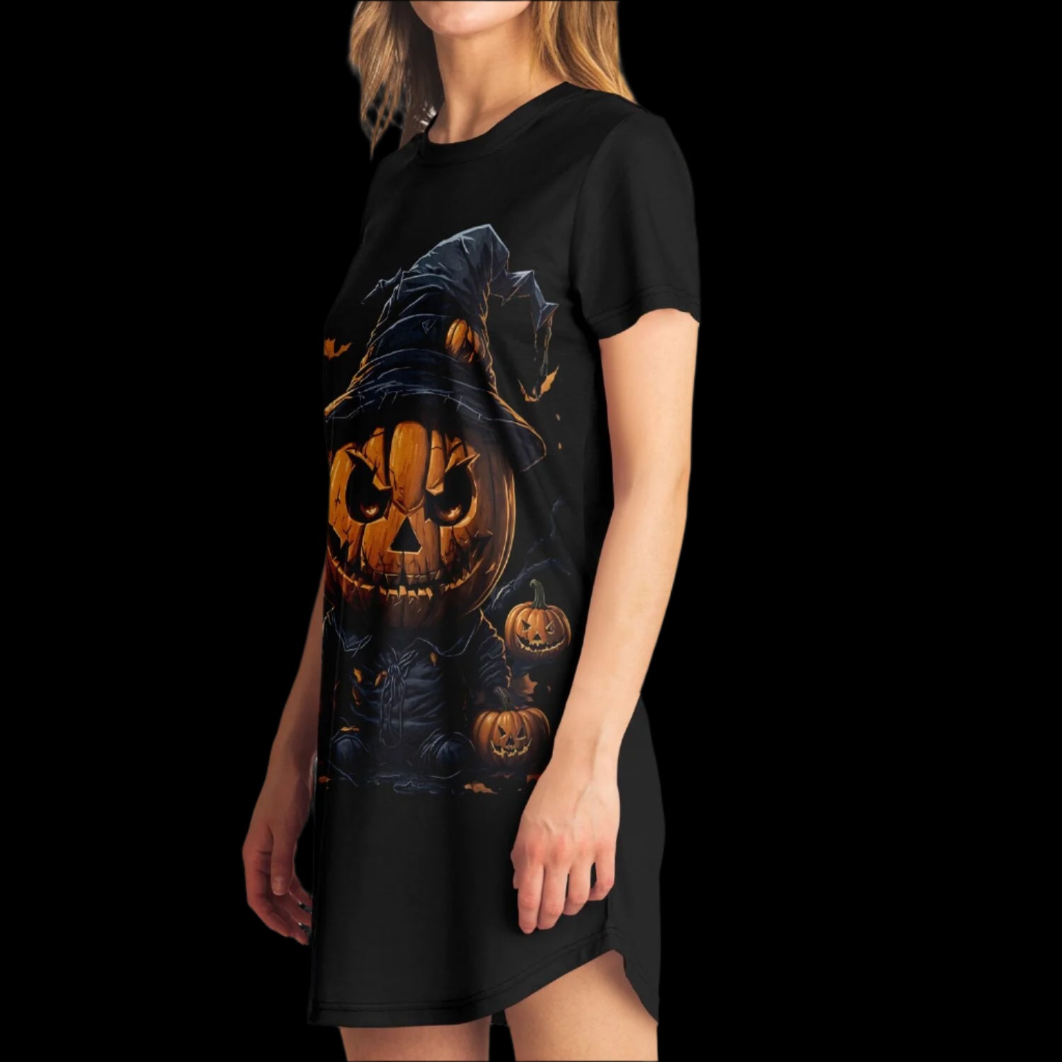 Person wearing the Scarecrow Jack O'Lantern Halloween T-Shirt at a Halloween party.