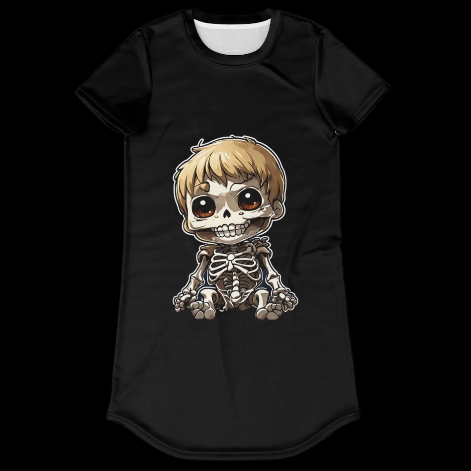 Little Horrors Skeleton T-Shirt Dress with chibi-style skeleton child design.