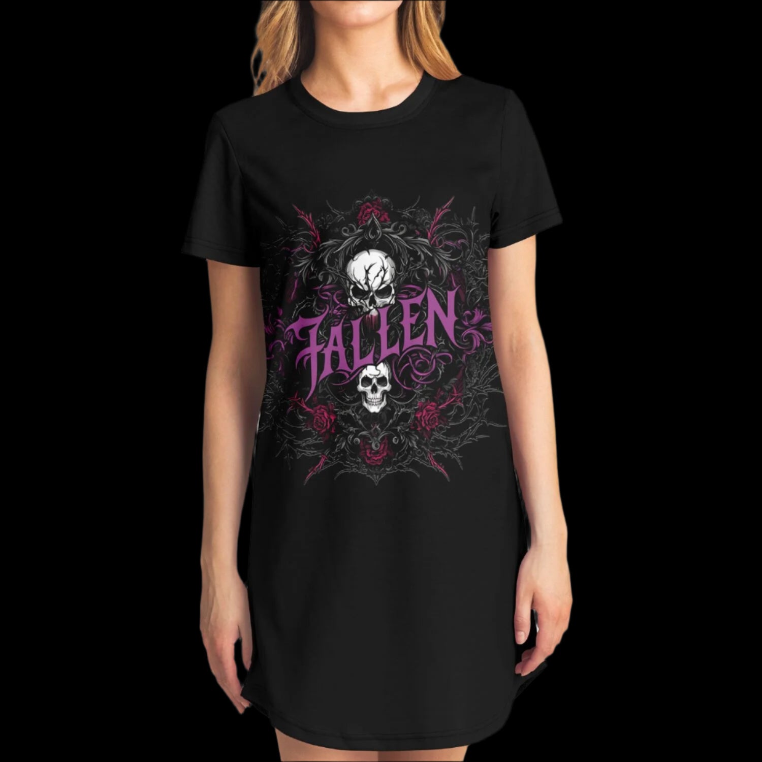 Close-up of the skull and rose design on the Fallen T-Shirt Dress.