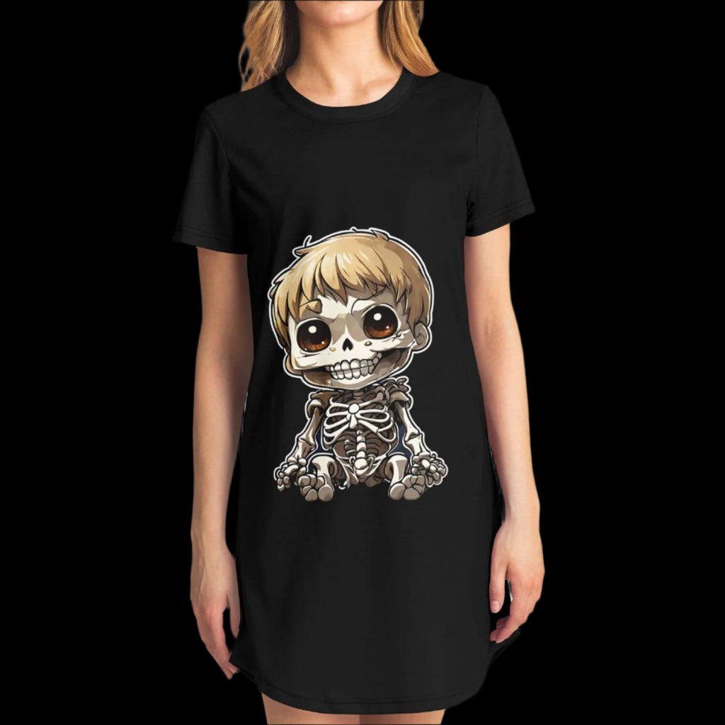 Woman wearing the Little Horrors Skeleton T-Shirt Dress