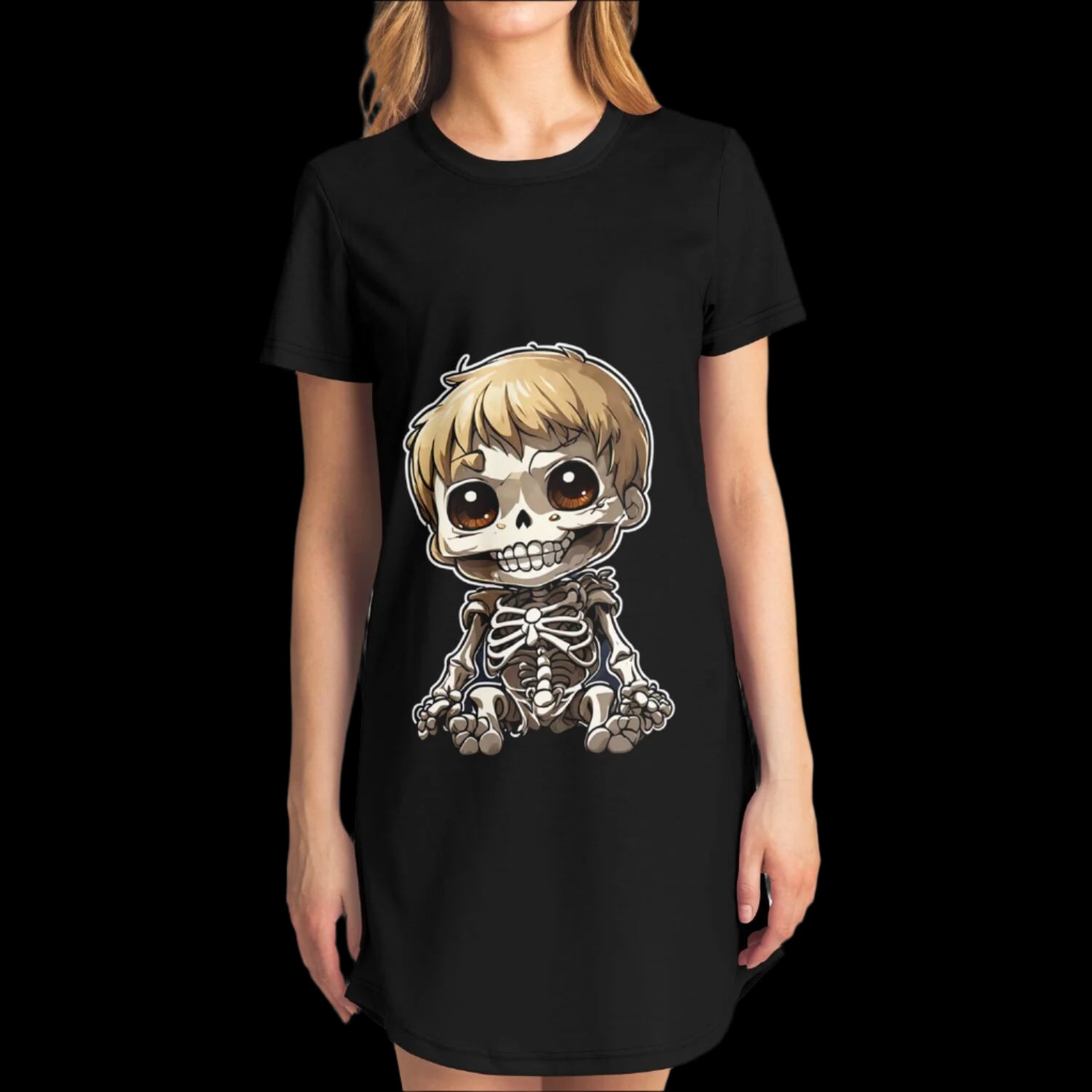 Woman wearing the Little Horrors Skeleton T-Shirt Dress