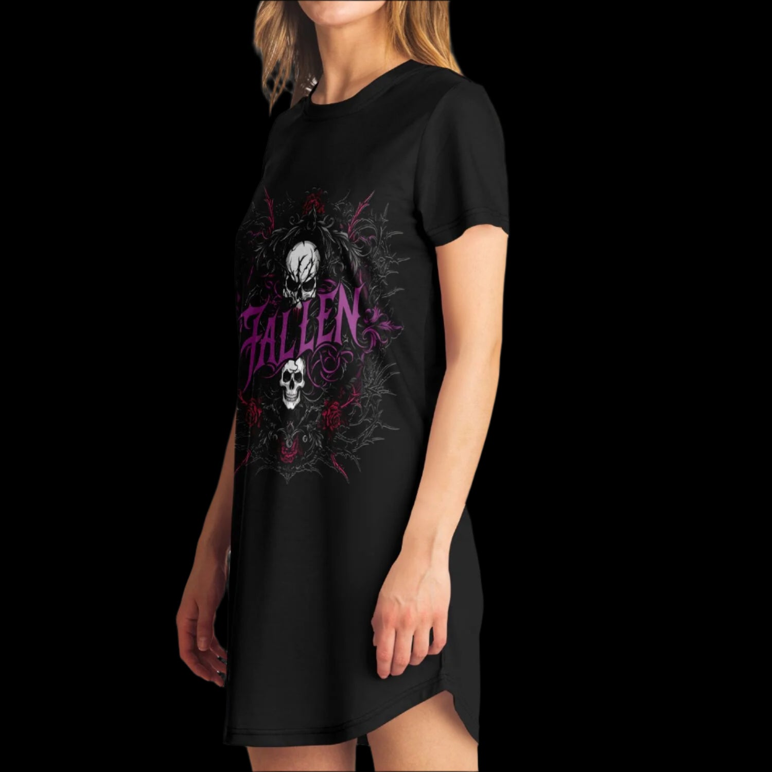 Woman wearing the Fallen Skull & Roses Gothic T-Shirt Dress