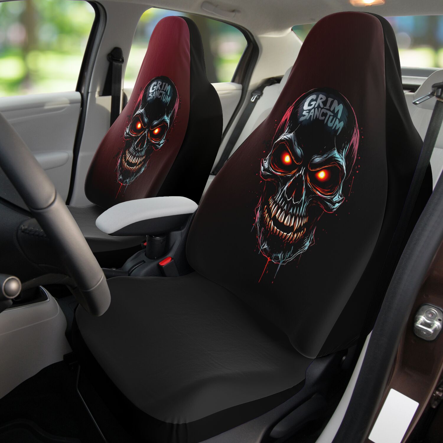 Grim Sanctum Sinister Skull Car Seat Covers - Red & Black, Protective & Stylish (Set of 2)