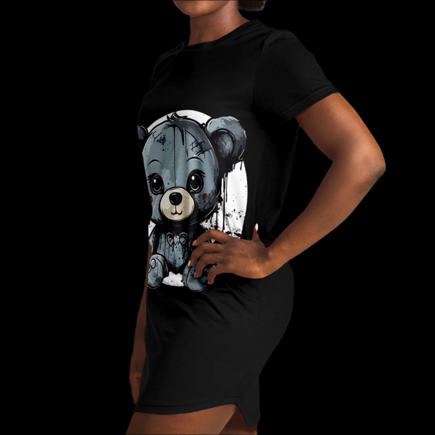Distressed Teddy Bear T-Shirt Dress with creepy cute teddy design.